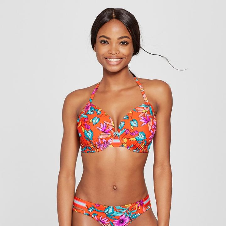 Women's Sport Elastic Push-up Bikini Top - Xhilaration Orange Tropical D/dd Cup