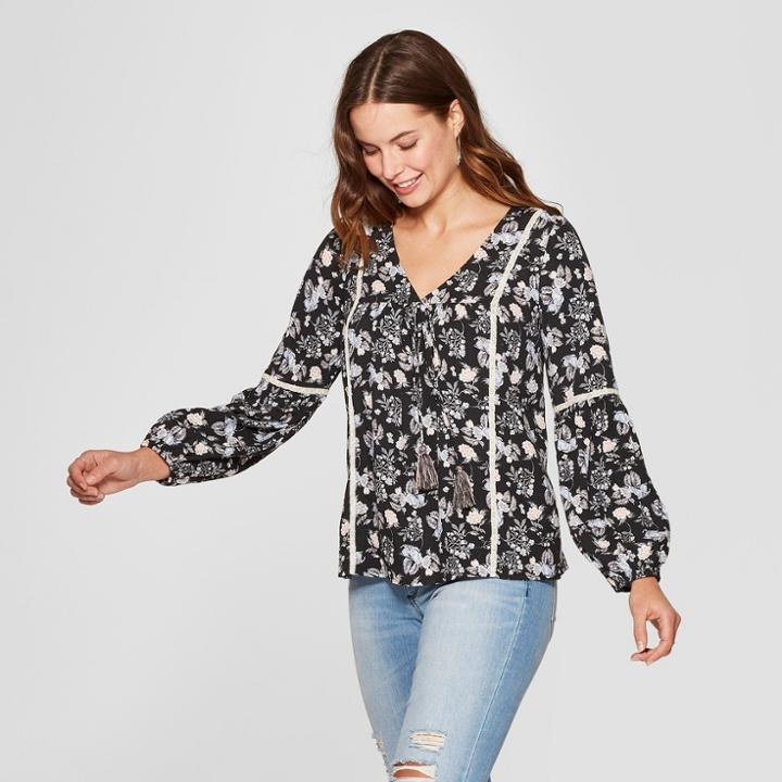 Women's Floral Print Long Sleeve Tassel Blouse - Knox Rose Black