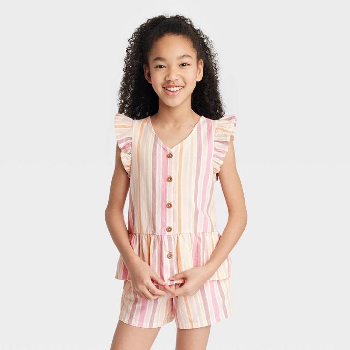 Girls' Button-front Sleeveless Woven Shirt - Cat & Jack Cream Stripe Xs, Ivory