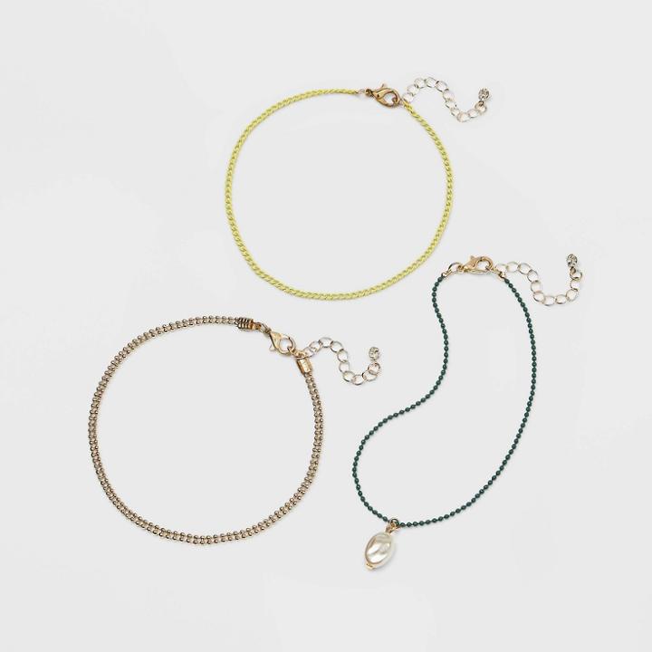 Pearl Drop Beaded Chain Anklet Set 3pc - A New Day Green