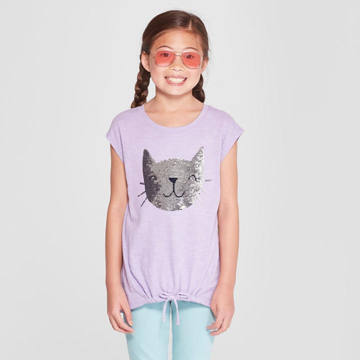 Girls' Cap Sleeve Flip Sequins Cat Tie Front Top - Cat & Jack Light Purple