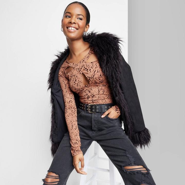 Women's Cross Front Cut Out Bodysuit - Wild Fable Brown Leopard