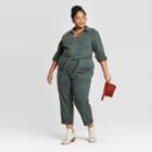 Women's Plus Size Long Sleeve Collared Tie-front Jumpsuit - Universal Thread Green