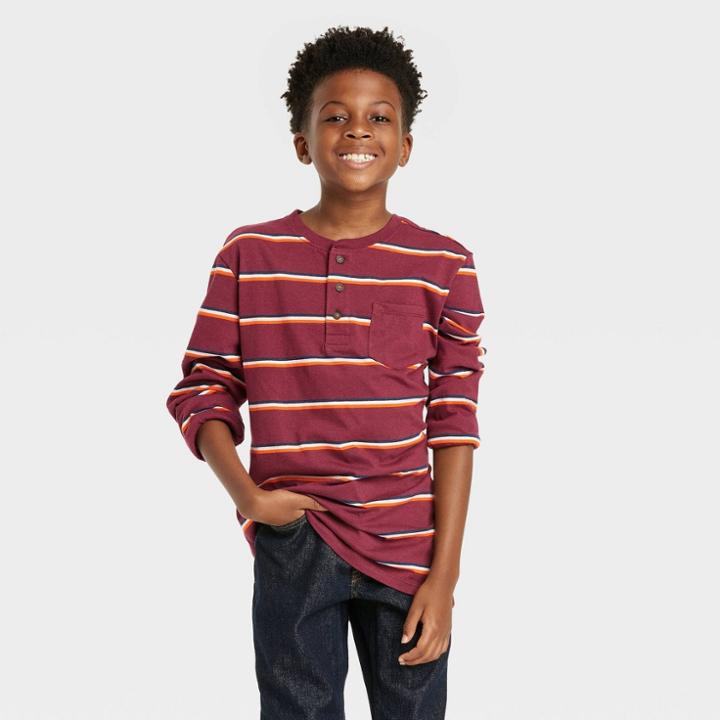 Boys' Heathered Jersey Knit Striped Henley T-shirt - Cat & Jack