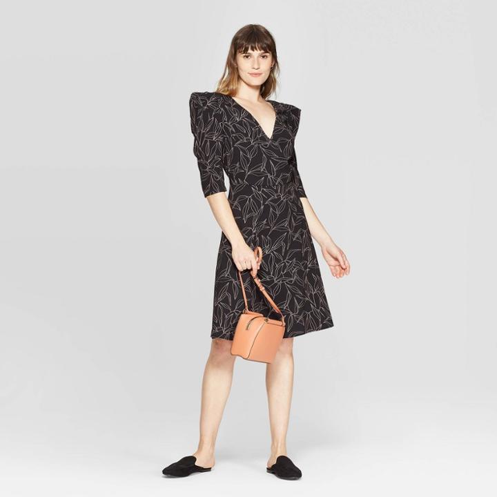 Women's Leaf Print Regular Fit Elbow Sleeve Deep V-neck Dress - A New Day Black M, Women's,