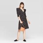 Women's Leaf Print Regular Fit Elbow Sleeve Deep V-neck Dress - A New Day Black M, Women's,