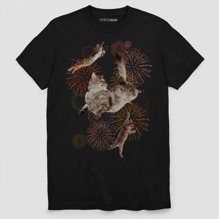 Fifth Sun Men's Fireworks Cat Short Sleeve Graphic T-shirt Black