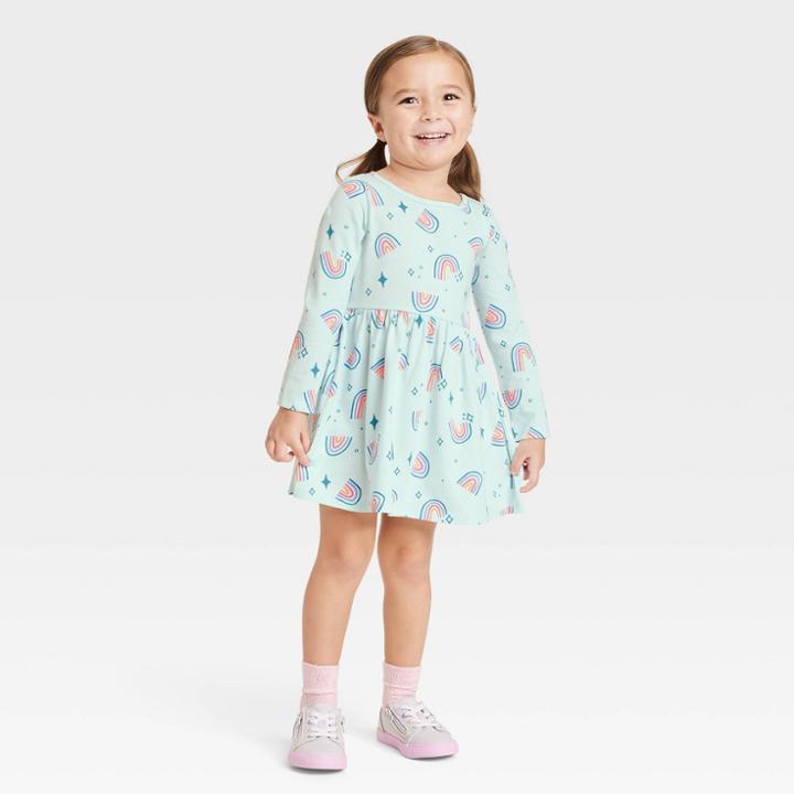 Toddler Girls' Long Sleeve Aqua Rainbow Dress - Cat & Jack Blue