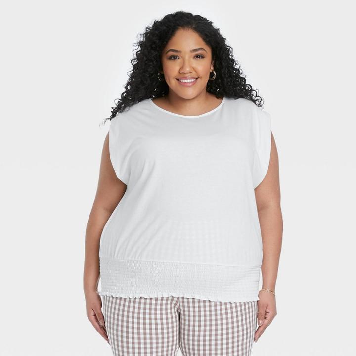 Women's Plus Size Short Sleeve Boat Neck Smocked Hem T-shirt - A New Day White