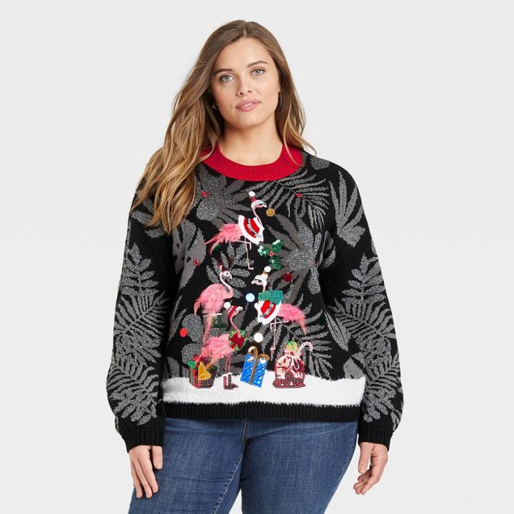 33 Degrees Women's Plus Size Ugly Christmas Flamingo Tree Graphic Pullover Sweater - Black