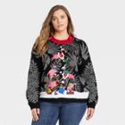 33 Degrees Women's Plus Size Ugly Christmas Flamingo Tree Graphic Pullover Sweater - Black