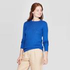 Women's Long Sleeve Ribbed Cuff Crewneck Pullover Sweater - A New Day Dark Blue