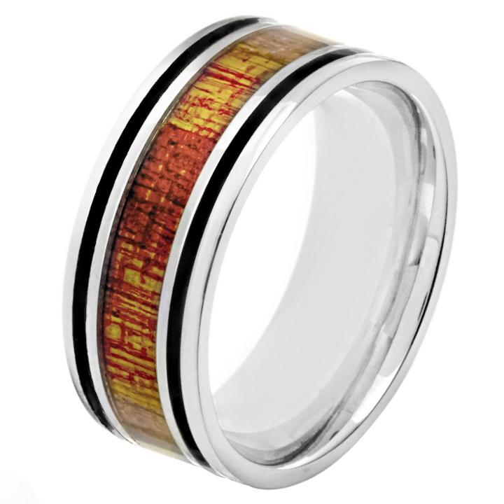 Men's Crucible Stainless Steel Wood Inlay And Enamel Stripe Ring - Black