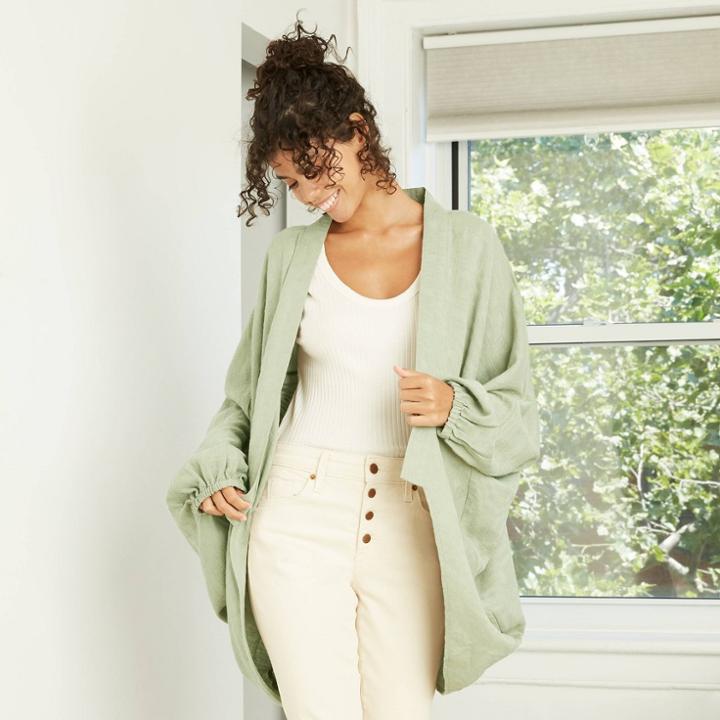 Women's Plaid Woven Overcoat Cocoon Jacket - Universal Thread Olive One Size, Green