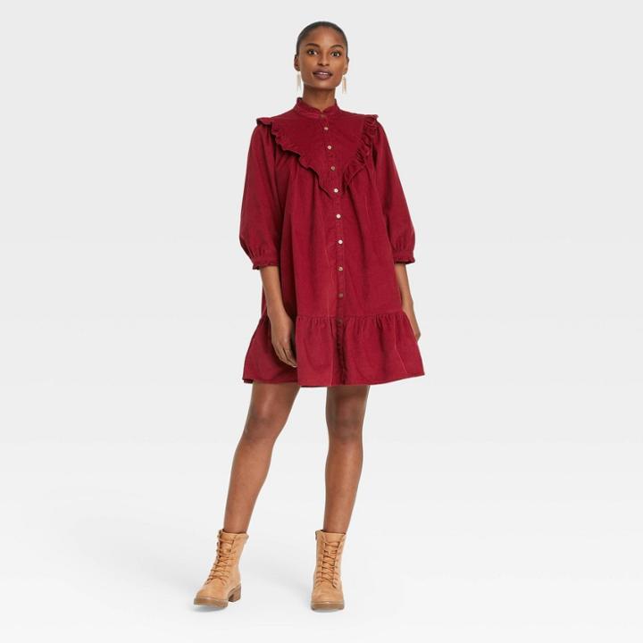 Women's Balloon Long Sleeve Button-front Ruffle Cord Dress - Universal Thread Burgundy