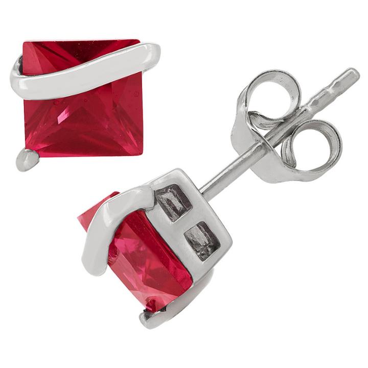 Tiara Princess-cut Ruby Stud Earrings In Sterling