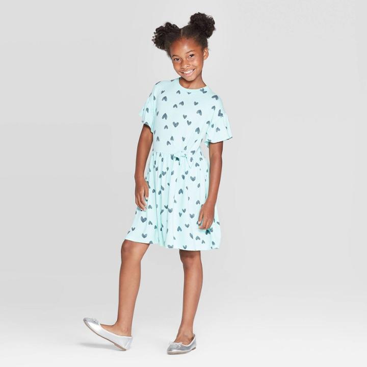 Petitegirls' Short Sleeve Heart Cozy Dress - Cat & Jack Mint L, Girl's, Size: