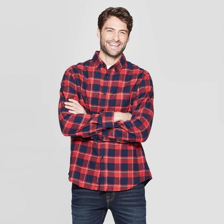 Men's Plaid Standard Fit Long Sleeve 1-pocket Flannel Button-down Shirt - Goodfellow & Co Ripe Red