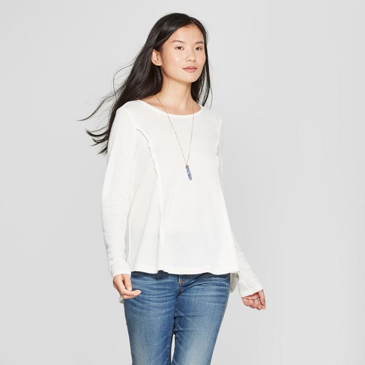 Women's Long Sleeve Waffle Knit Lace-up Back Peasant Top - Knox Rose Ivory