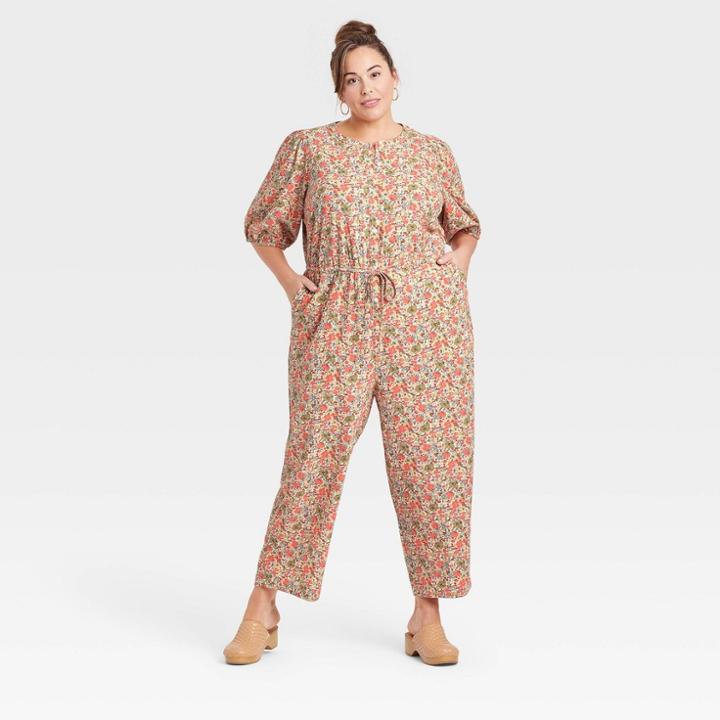 Women's Plus Size Puff 3/4 Sleeve Jumpsuit - Universal Thread Coral Pink Floral