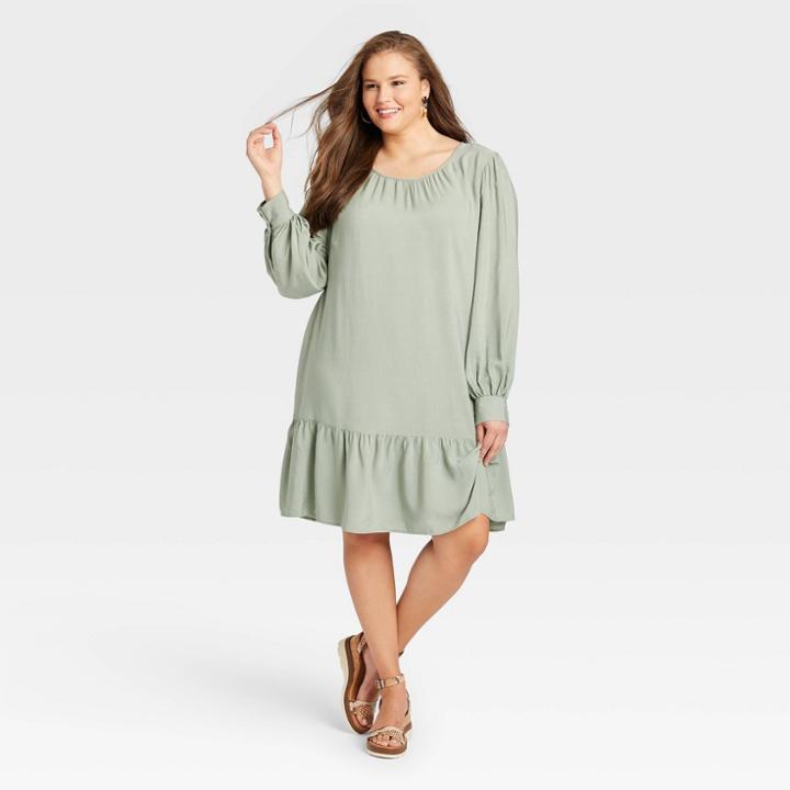 Women's Plus Size Long Sleeve Woven Dress - Ava & Viv Green X