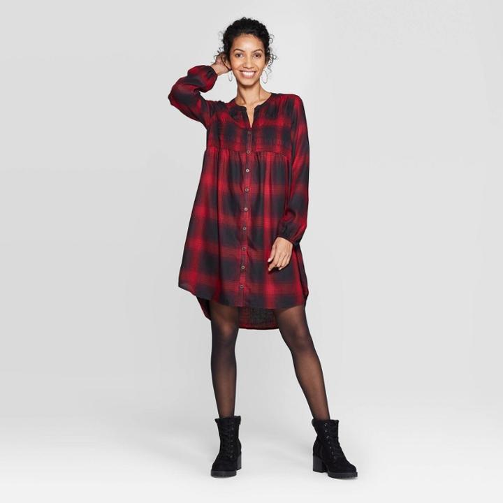 Women's Plaid Long Sleeve Split Neck Mini Shift Dress - Knox Rose Red