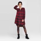 Women's Plaid Long Sleeve Split Neck Mini Shift Dress - Knox Rose Red