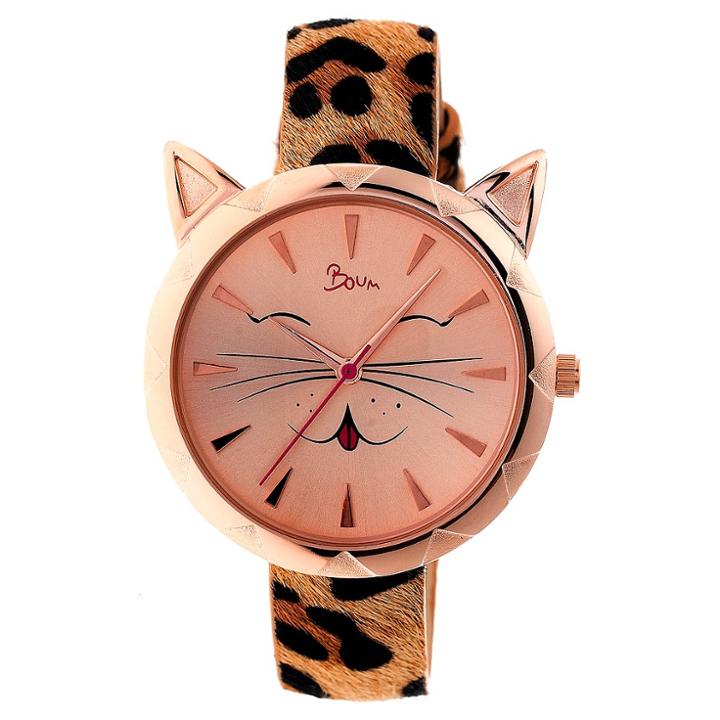 Women's Boum Miaou Cat Accent Fur-overlaid Leather Strap Watch-light Brown/black