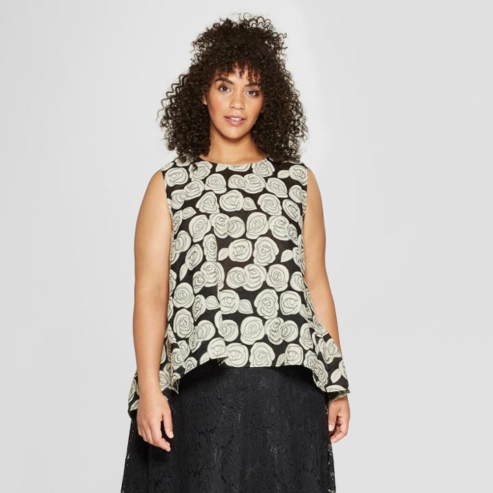 Women's Plus Size Floral Print Lampshade Shell - Who What Wear Black/cream 3x, Black/cream Floral