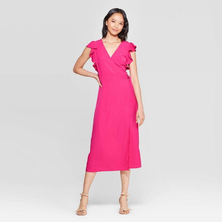 Women's Short Flutter Sleeve V-neck A Line Midi Dress - Who What Wear