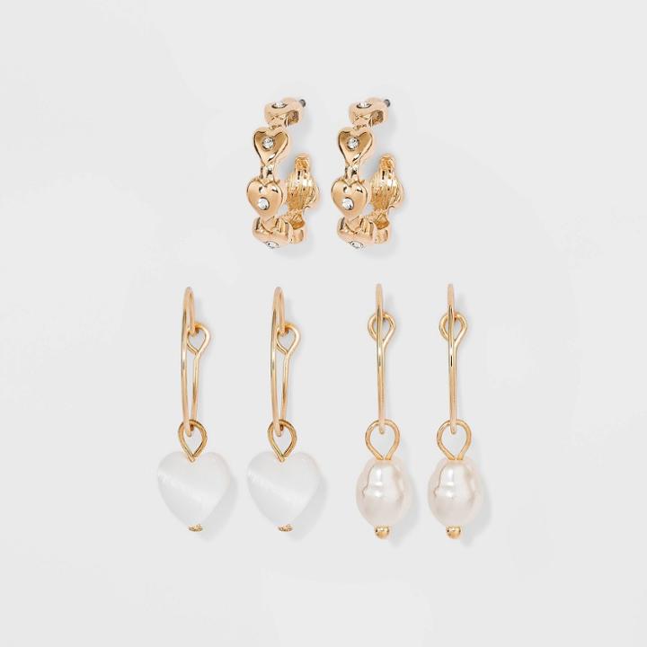 Heart And Shell Charm Hoop Earring Set 3pc - Wild Fable Gold