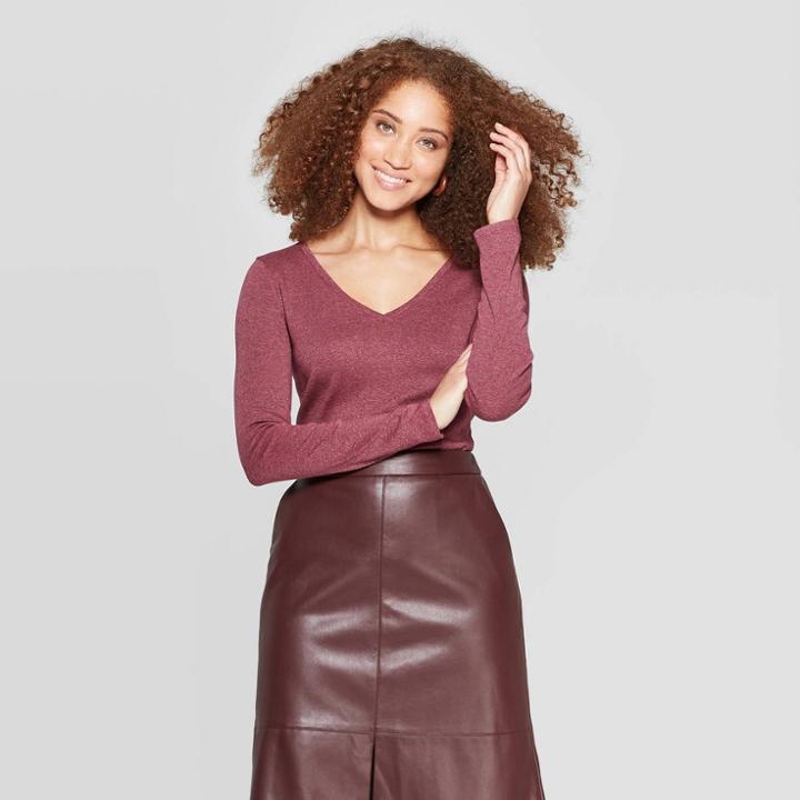 Women's Regular Fit Long Sleeve V-neck T-shirt - A New Day Burgundy Heather