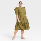 Women's Plus Size Elbow Sleeve Eyelet Dress - A New Day Olive