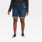 Women's Plus Size Destructed Bermuda Jean Shorts - Ava & Viv Dark Wash