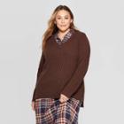 Women's Plus Size Long Sleeve V-neck Textured Pullover Sweater - Universal Thread Brown X
