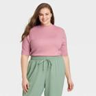 Women's Plus Size Elbow Sleeve Mock Turtleneck T-shirt - A New Day Pink