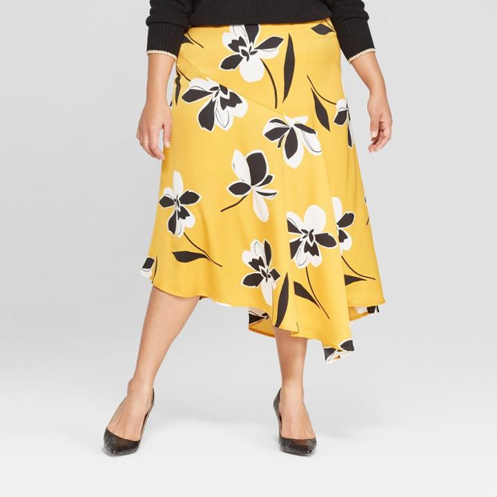 Women's Plus Size Floral Print Seamed Midi Slip Skirt - Who What Wear Yellow