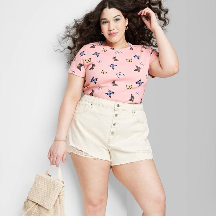 Women's Plus Size Short Sleeve Fitted T-shirt - Wild Fable Pink Butterfly Print
