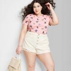 Women's Plus Size Short Sleeve Fitted T-shirt - Wild Fable Pink Butterfly Print