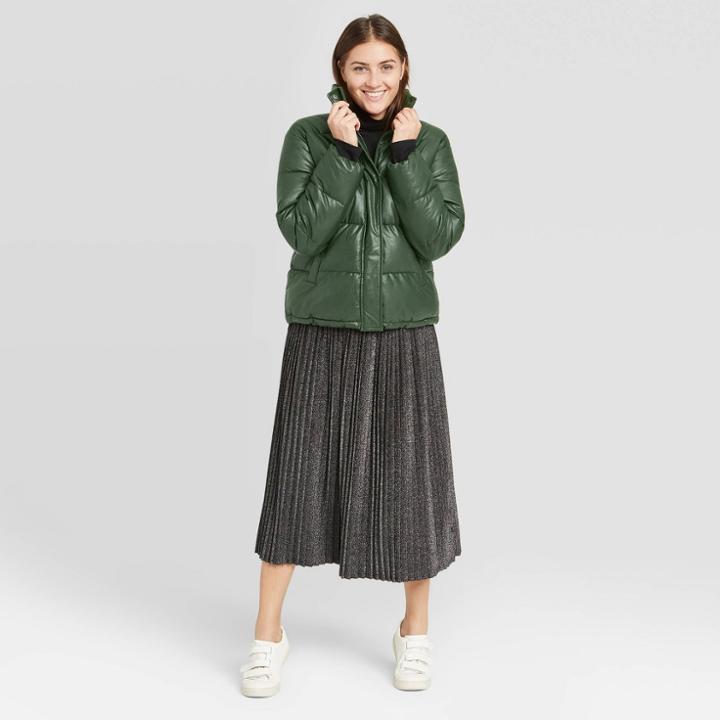 Women's Faux Leather Puffer Jacket - A New Day Green