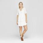Women's Short Sleeve V-neck Shift Midi Dress With Embroidery - Knox Rose White