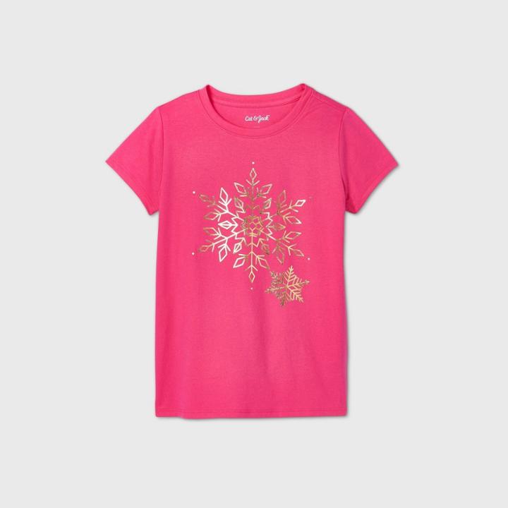 Girls' Short Sleeve Shine Snowflake Graphic T-shirt - Cat & Jack Dark Pink