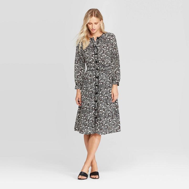 Women's Floral Print Long Sleeve Scoop Neck Front Button-down A Line Midi Dress - Who What Wear Black
