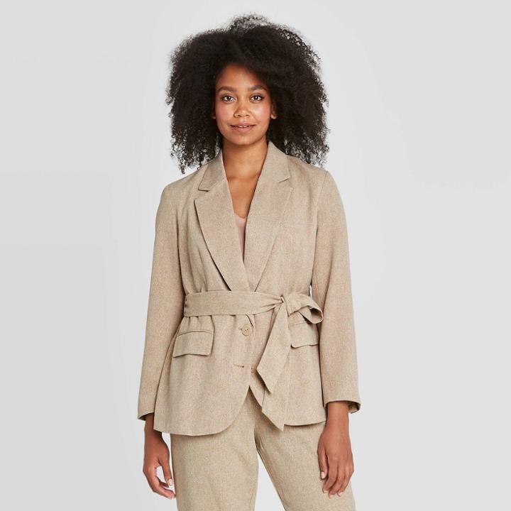 Women's Long Sleeve Belted Oversized Blazer - Prologue Tan