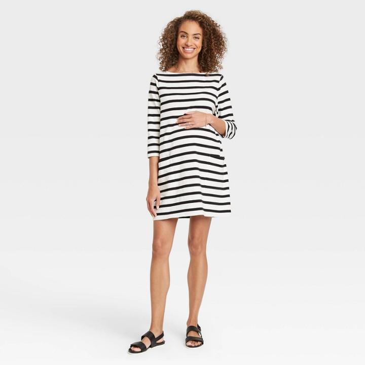 The Nines By Hatch Striped 3/4 Sleeve Maternity Dress Black/white