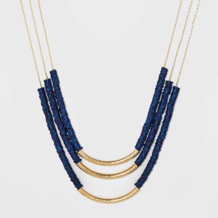 Blue And Gold Tubes And Beaded Three Layered Necklace - A New Day Blue