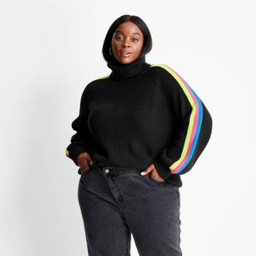 Women's Plus Size Striped Oversized Turtleneck Pullover Sweater - Future Collective With Kahlana Barfield Brown Black/neon