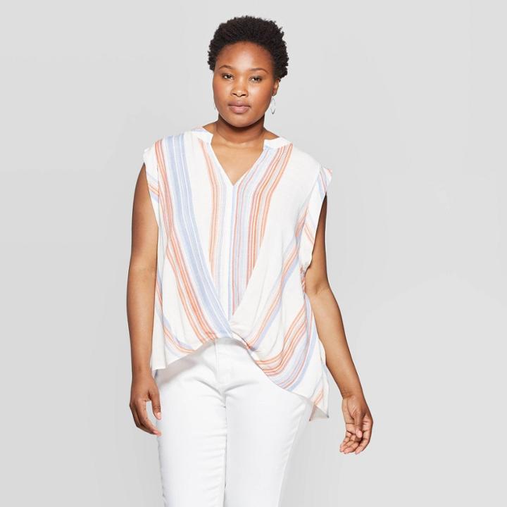 Women's Plus Size Striped Sleeveless V-neck Twist Front Top - Universal Thread Cream 2x, Size:
