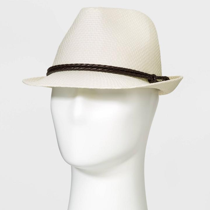 Light Beige Woven Paper Straw With Wrapped Braided Leather Banding Hat - Goodfellow & Co White
