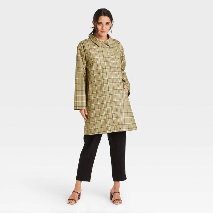 Women's Hoodless Rain Coat - A New Day Green Plaid